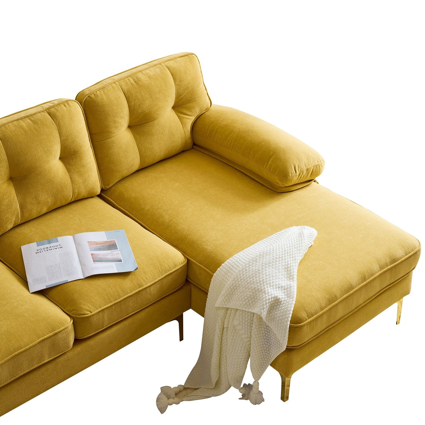 Canapé sectionnel 3 places en velours jaune 83 pouces, avec dossier et accoudoirs amovibles, coussins en mousse souple et pieds en métal