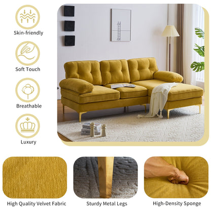 Canapé sectionnel 3 places en velours jaune 83 pouces, avec dossier et accoudoirs amovibles, coussins en mousse souple et pieds en métal