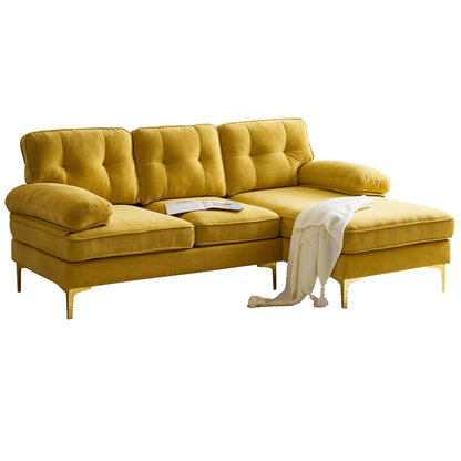 Canapé sectionnel 3 places en velours jaune 83 pouces, avec dossier et accoudoirs amovibles, coussins en mousse souple et pieds en métal