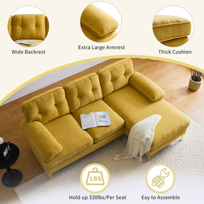 Canapé sectionnel 3 places en velours jaune 83 pouces, avec dossier et accoudoirs amovibles, coussins en mousse souple et pieds en métal