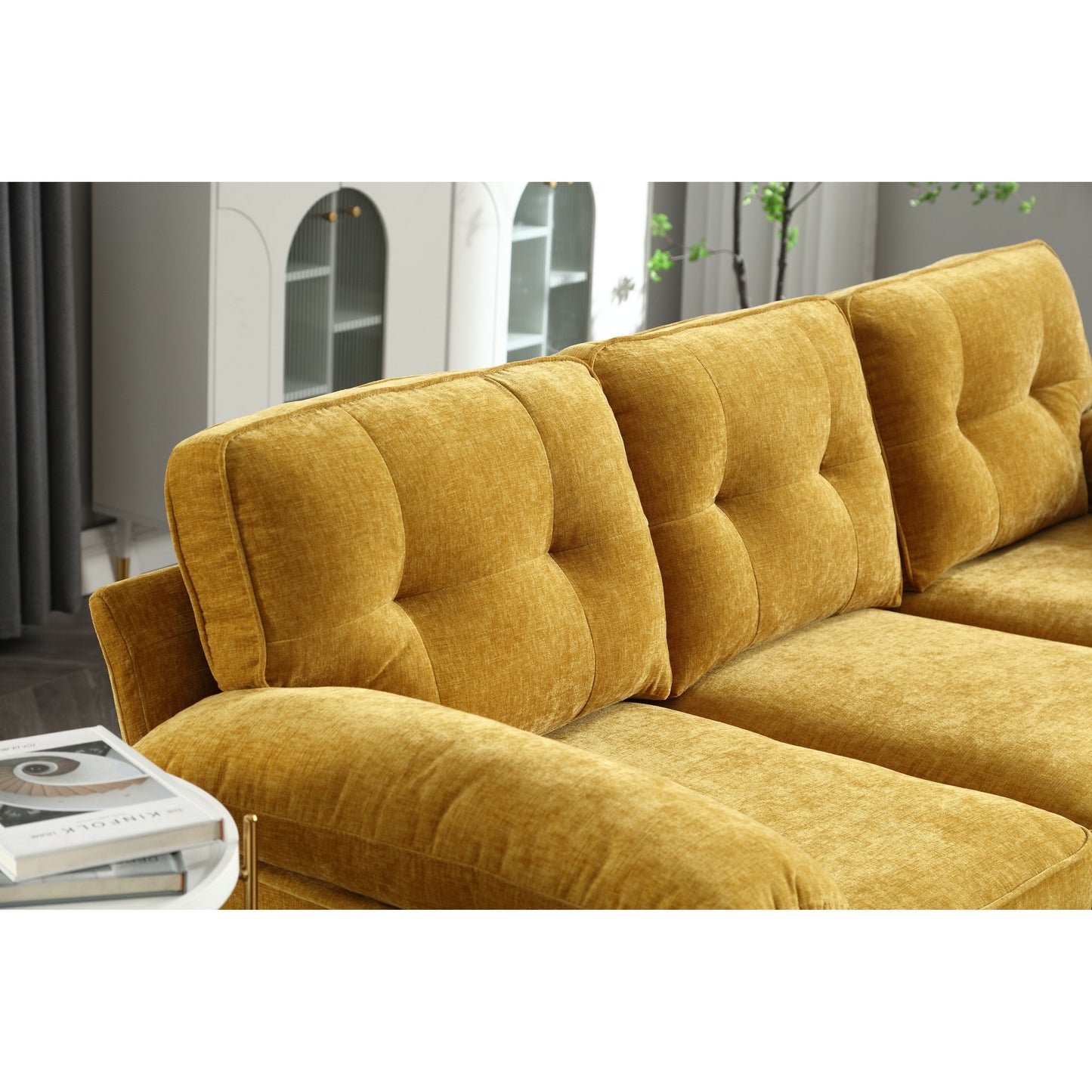 Canapé en L en tissu jaune 85 avec structure en bois, méridienne et coussins renforcés à ressorts