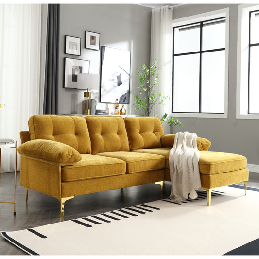 Canapé 3 places en tissu jaune 85'' en forme de L avec méridienne, cadre en bois et renfort de coussin à ressorts