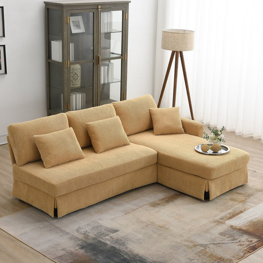 Canapé 3 places en L jaune 87 avec méridienne réversible et 3 coussins, design compact pour le salon