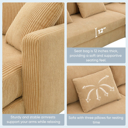 Canapé 3 places en L jaune 87 avec méridienne réversible et 3 coussins, design compact pour le salon