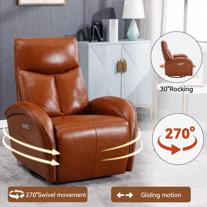 Fauteuil inclinable électrique pivotant à 270° en cuir véritable jaune marron avec 2 poches latérales, ports USB et Type-C