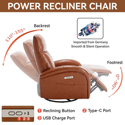 Fauteuil inclinable électrique pivotant à 270° en cuir véritable jaune marron avec 2 poches latérales, ports USB et Type-C