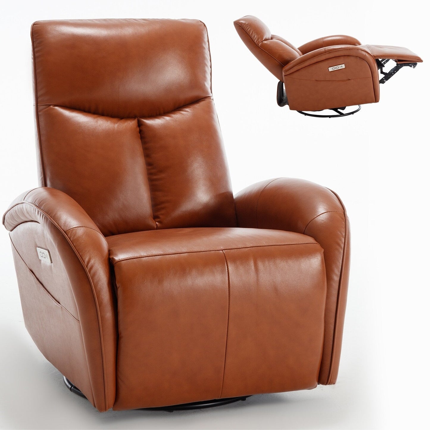Fauteuil inclinable électrique pivotant à 270° en cuir véritable jaune marron avec 2 poches latérales, ports USB et Type-C