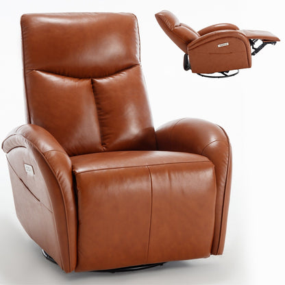 Fauteuil inclinable électrique pivotant à 270° en cuir véritable jaune marron avec 2 poches latérales, ports USB et Type-C