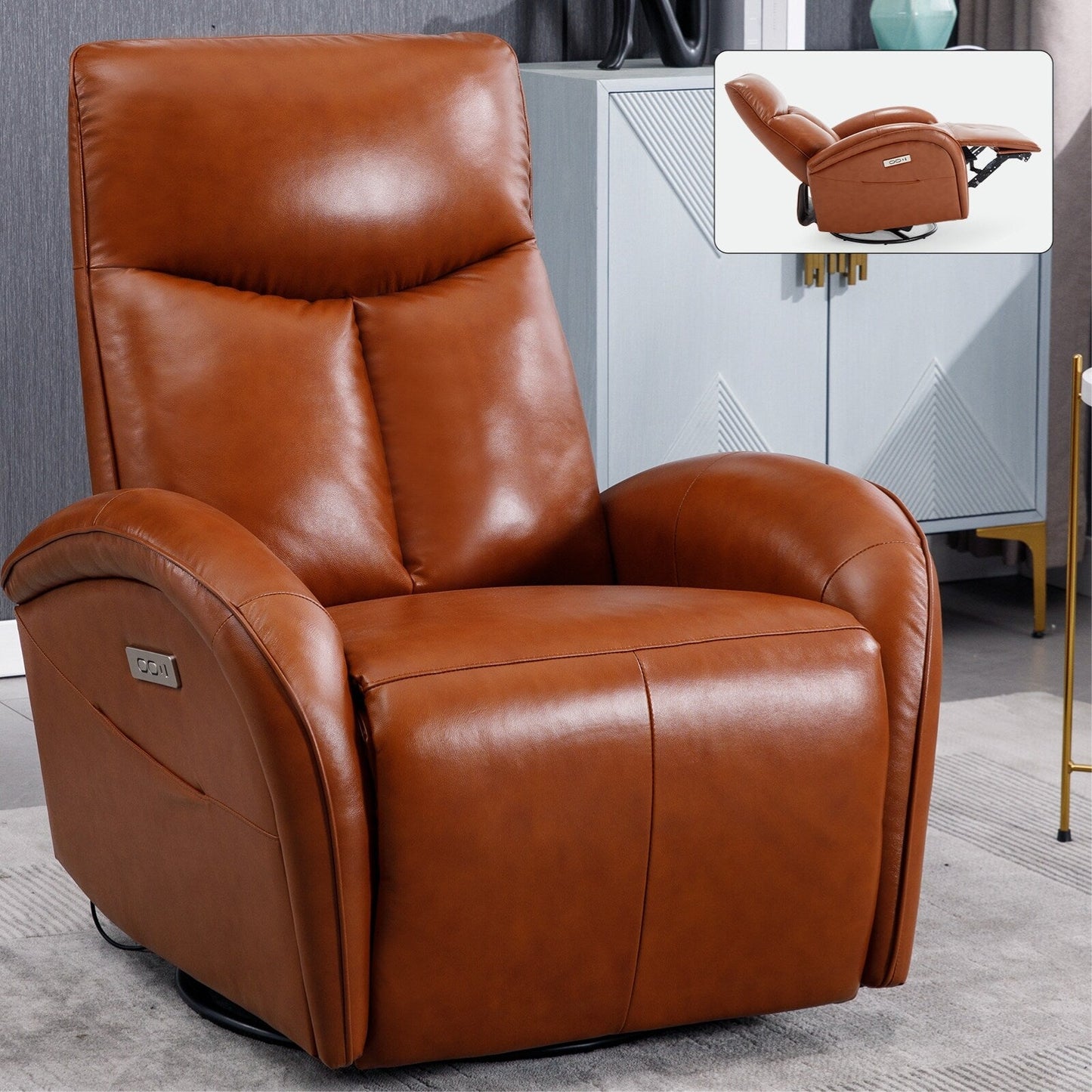Fauteuil inclinable électrique pivotant à 270° en cuir véritable jaune marron avec 2 poches latérales, ports USB et Type-C