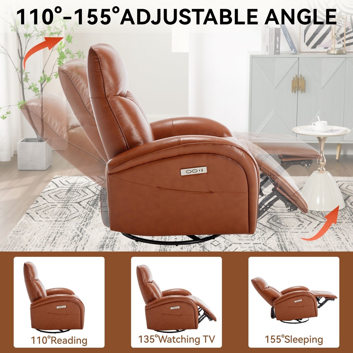 Fauteuil inclinable électrique pivotant à 270° en cuir véritable jaune marron avec 2 poches latérales, ports USB et Type-C