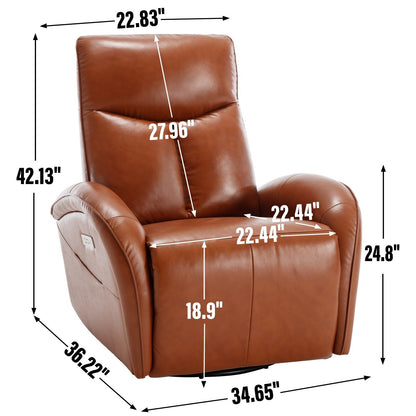Fauteuil inclinable électrique pivotant à 270° en cuir véritable jaune marron avec 2 poches latérales, ports USB et Type-C