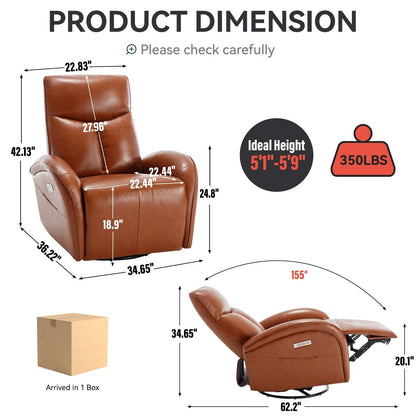 Fauteuil inclinable électrique pivotant à 270° en cuir véritable jaune marron avec 2 poches latérales, ports USB et Type-C
