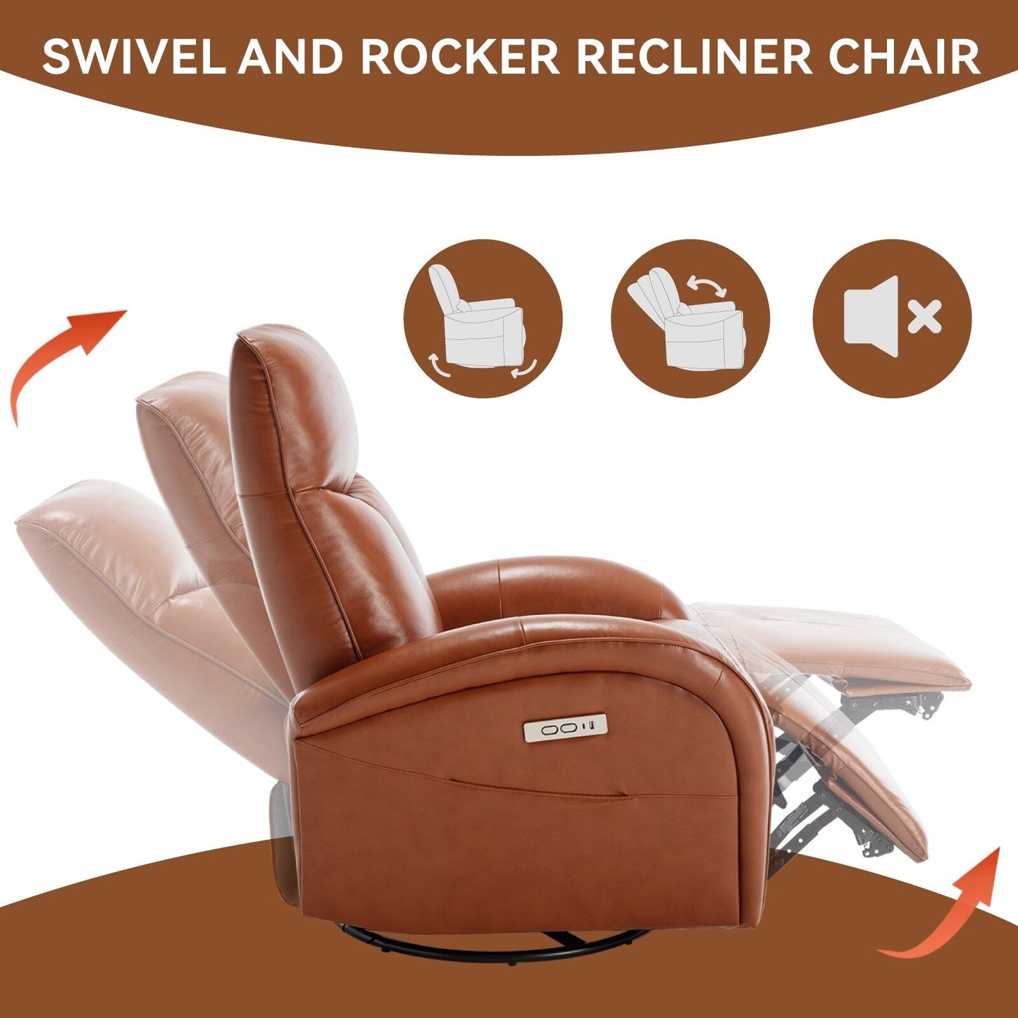 Fauteuil inclinable électrique pivotant à 270° en cuir véritable jaune marron avec 2 poches latérales, ports USB et Type-C