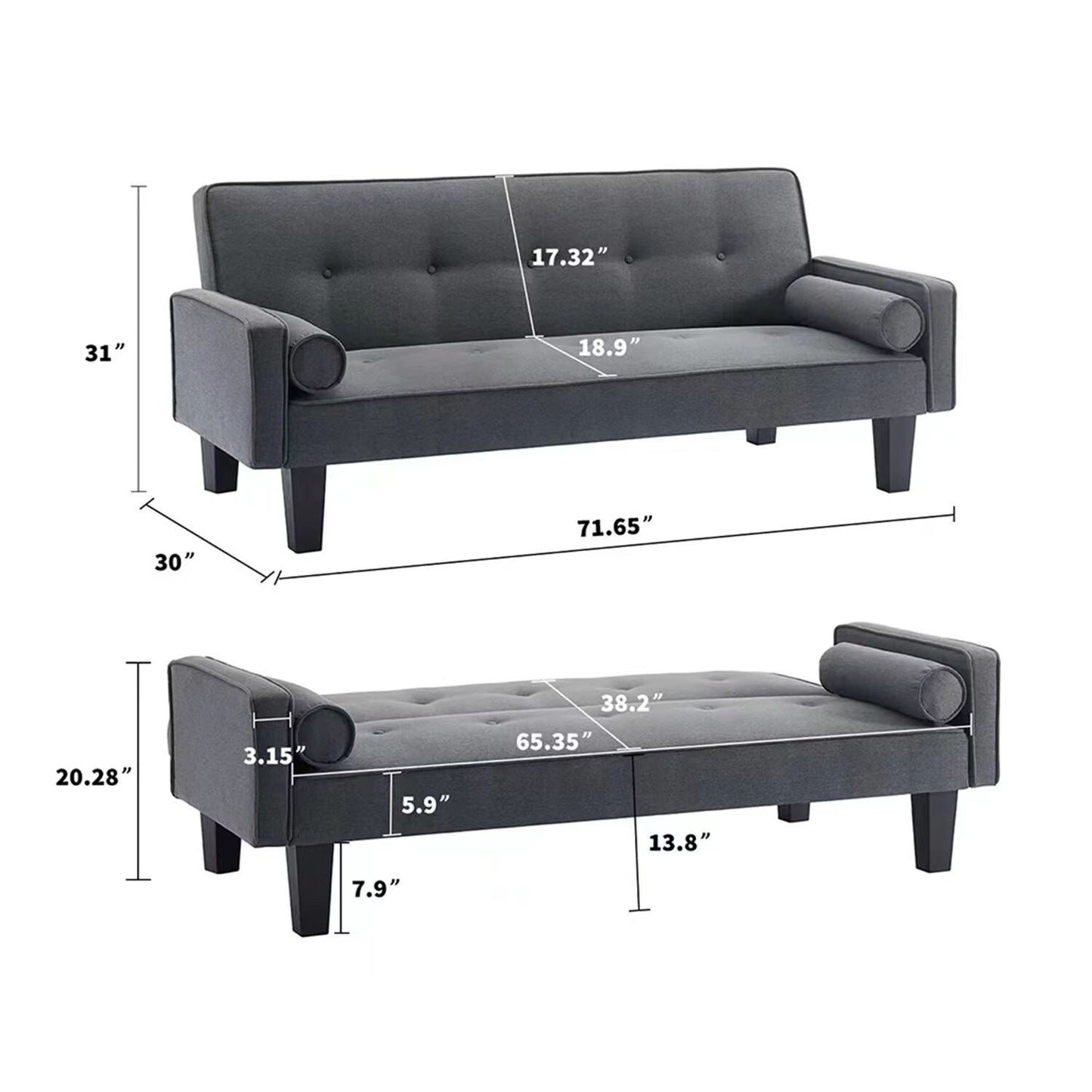Canapé-lit futon 3 places convertible jaune avec pieds en bois