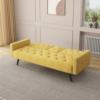 Canapé-lit 3 places en velours jaune avec tête de clou et porte-gobelets