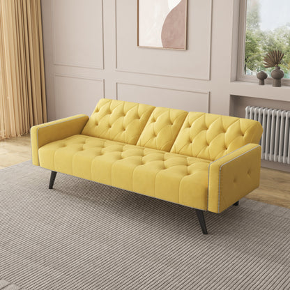 Canapé-lit 3 places en velours jaune avec tête de clou et porte-gobelets