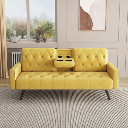 Canapé-lit 3 places en velours jaune avec tête de clou et porte-gobelets