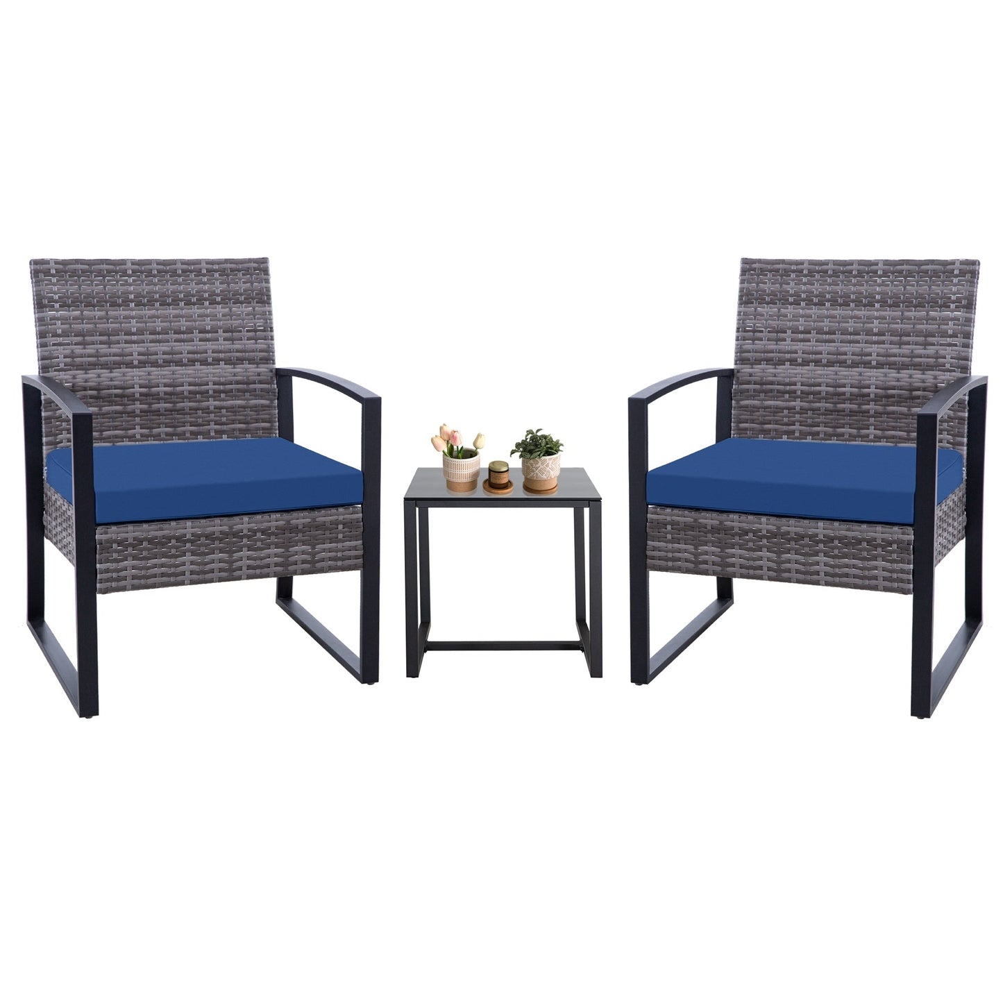 Ensemble de salon de jardin Zenova 3 pièces, table et chaises en osier, ensemble de 2, mobilier de balcon en rotin toutes saisons