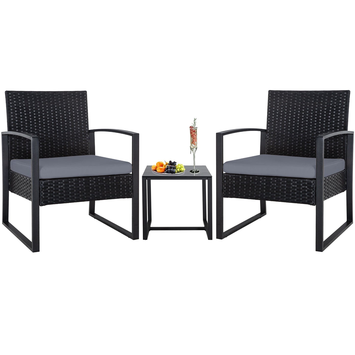 Ensemble de salon de jardin Zenova 3 pièces, table et chaises en osier, ensemble de 2, mobilier de balcon en rotin toutes saisons