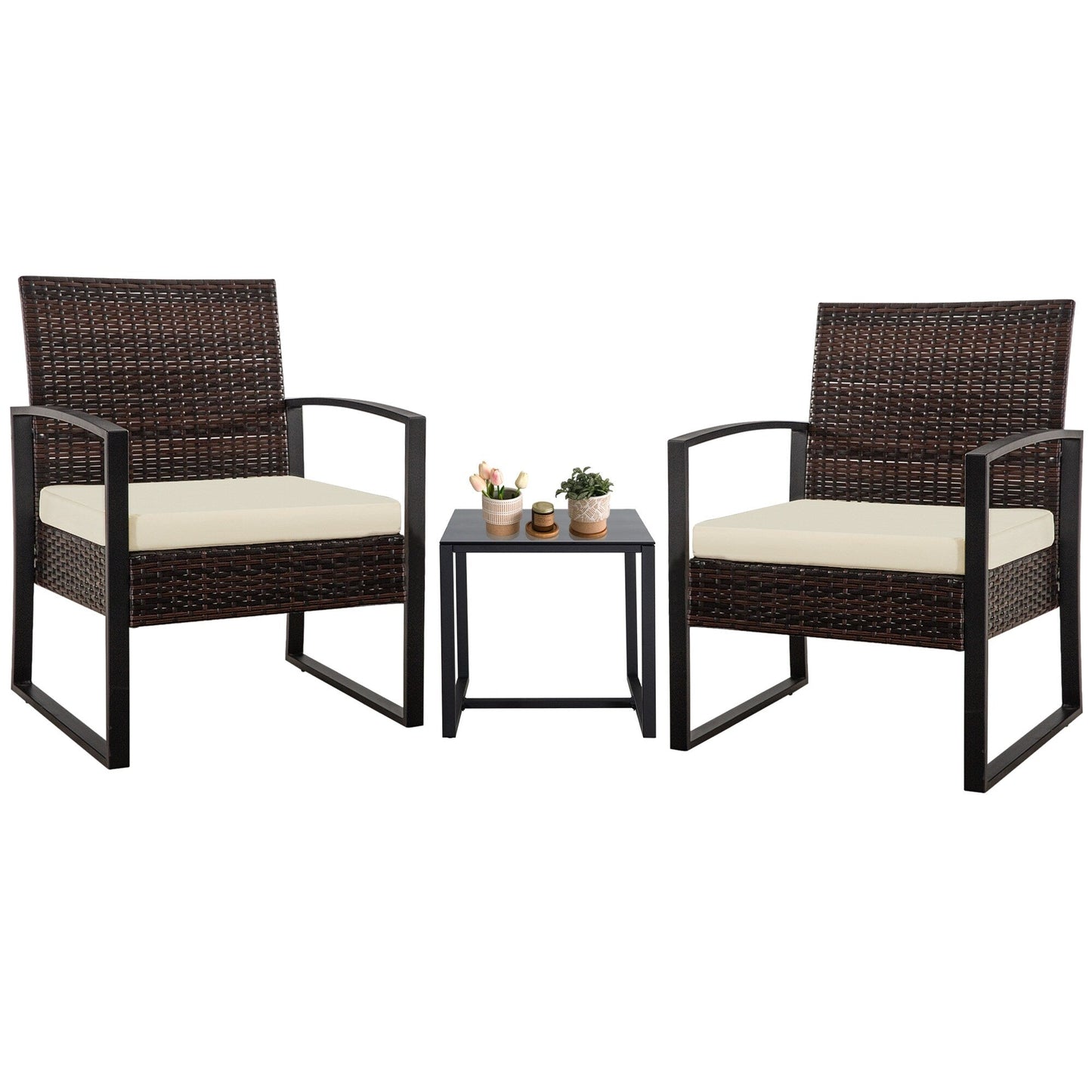 Ensemble de salon de jardin Zenova 3 pièces, table et chaises en osier, ensemble de 2, mobilier de balcon en rotin toutes saisons