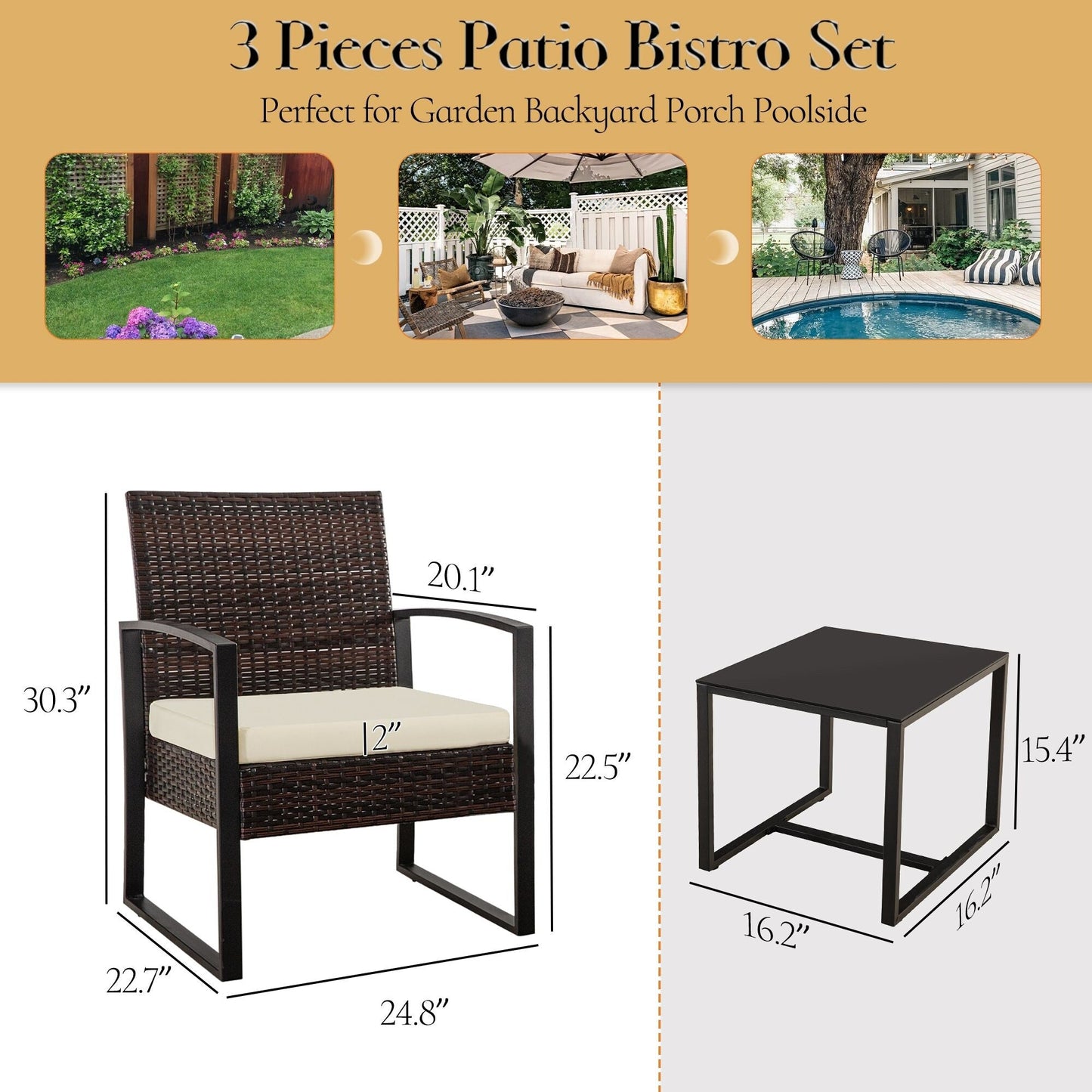 Ensemble de salon de jardin Zenova 3 pièces, table et chaises en osier, ensemble de 2, mobilier de balcon en rotin toutes saisons