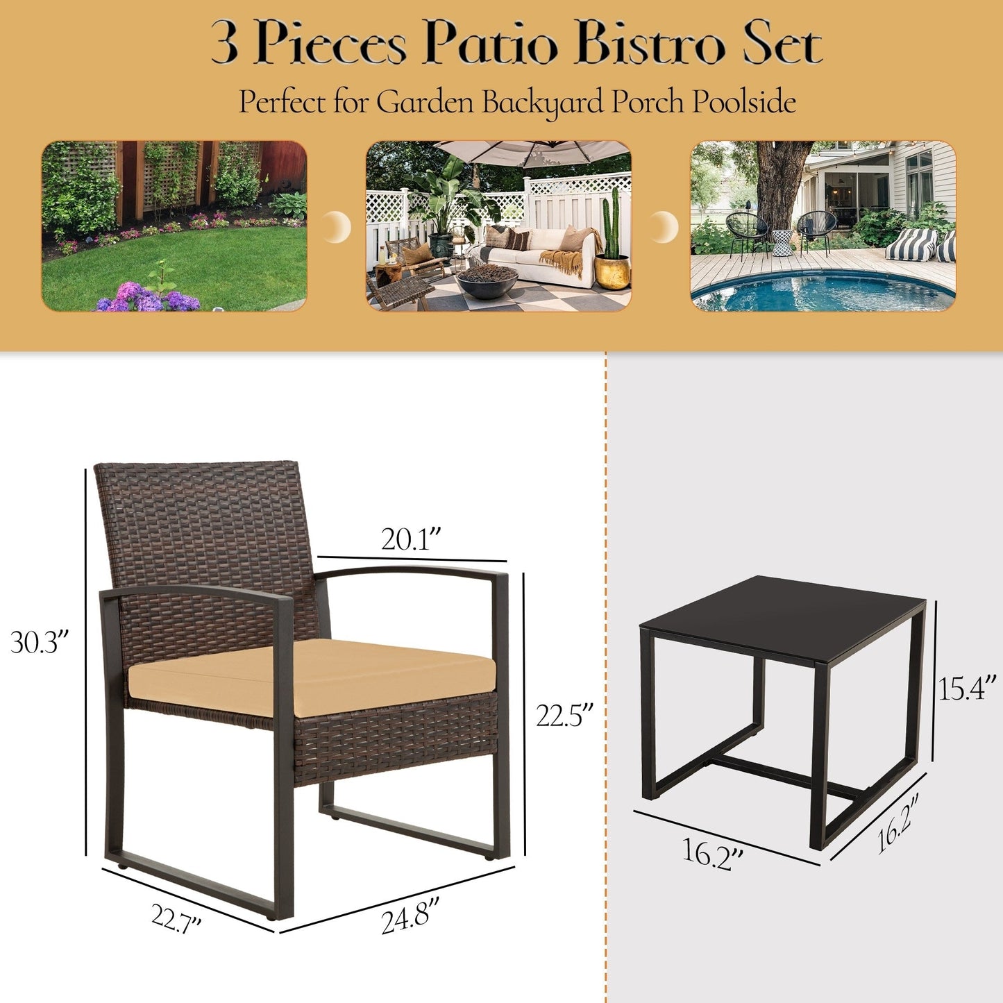 Ensemble de salon de jardin Zenova 3 pièces, table et chaises en osier, ensemble de 2, mobilier de balcon en rotin toutes saisons