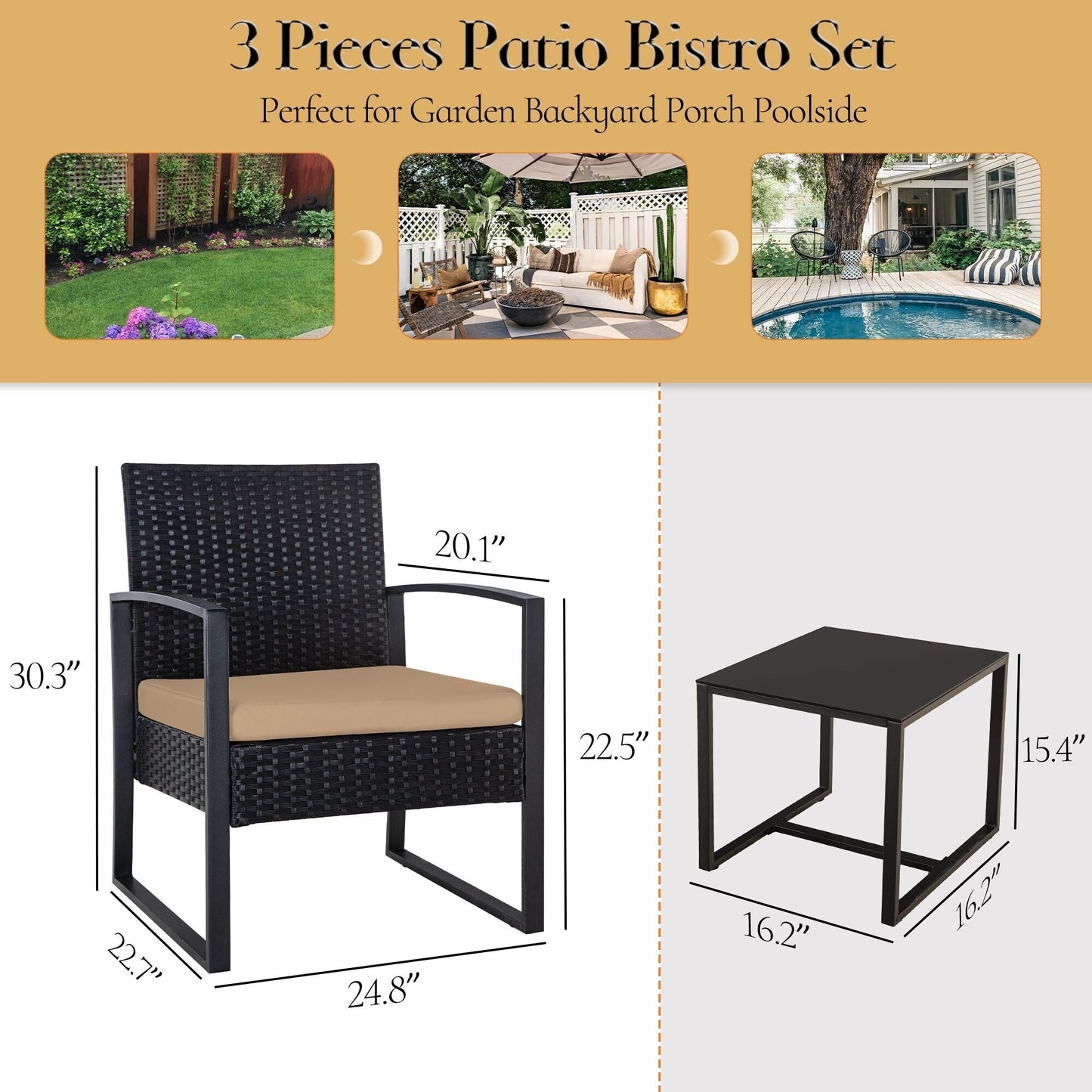 Ensemble de salon de jardin Zenova 3 pièces, table et chaises en osier, ensemble de 2, mobilier de balcon en rotin toutes saisons
