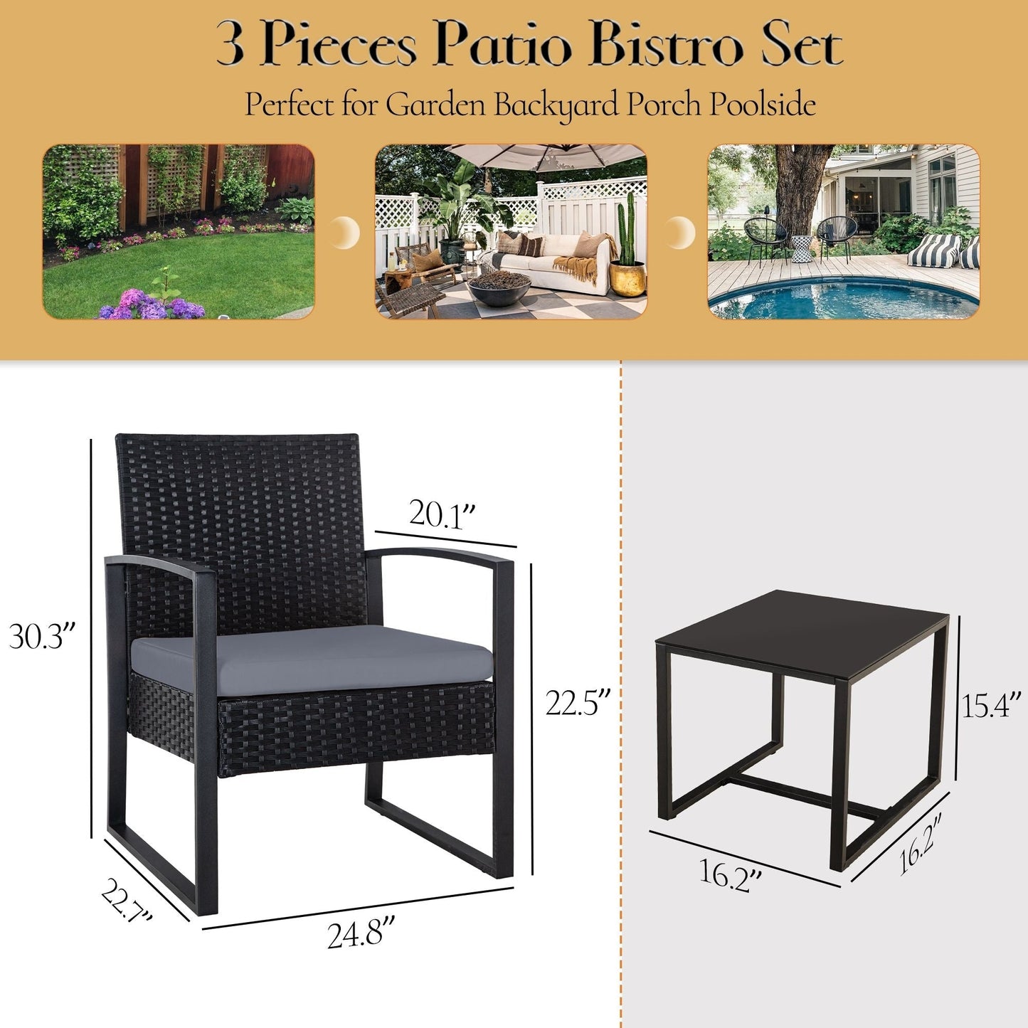 Ensemble de salon de jardin Zenova 3 pièces, table et chaises en osier, ensemble de 2, mobilier de balcon en rotin toutes saisons