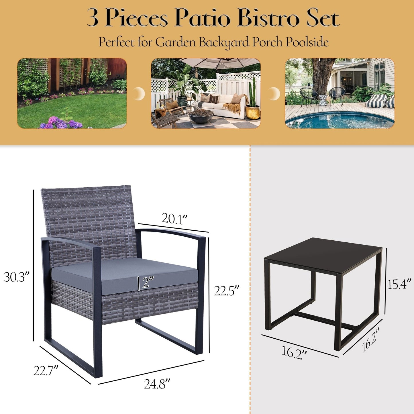 Ensemble de salon de jardin Zenova 3 pièces, table et chaises en osier, ensemble de 2, mobilier de balcon en rotin toutes saisons