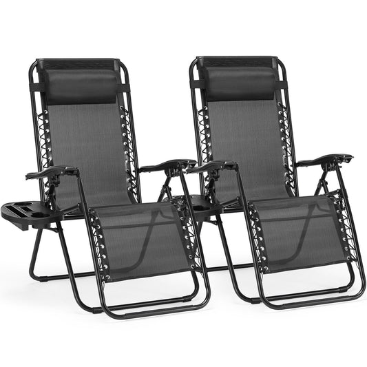 Chaise longue d'extérieur pliable à gravité zéro avec appui-tête, porte-gobelet et plateau amovible