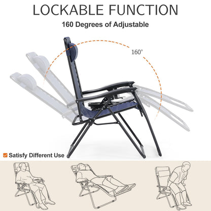 Chaise longue d'extérieur pliable à gravité zéro avec appui-tête, porte-gobelet et plateau amovible