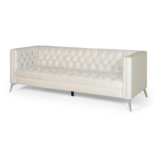 Canapé Zexy, 3 places, capitonné, Chesterfield, velours beige, chrome