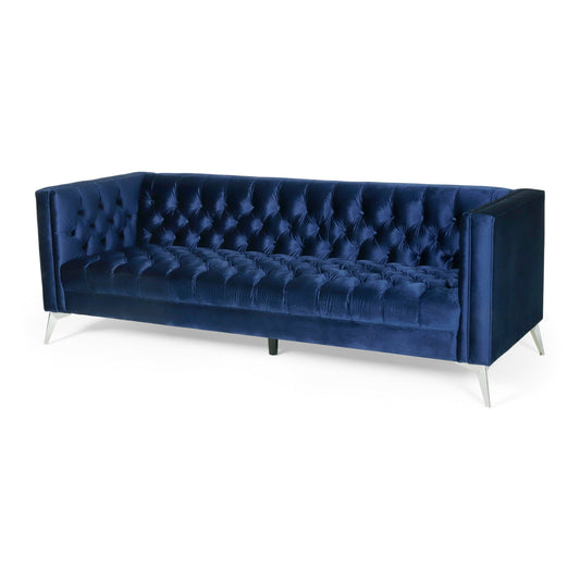 Canapé Zexy, Chesterfield 3 places, accoudoirs capitonnés, velours bleu
