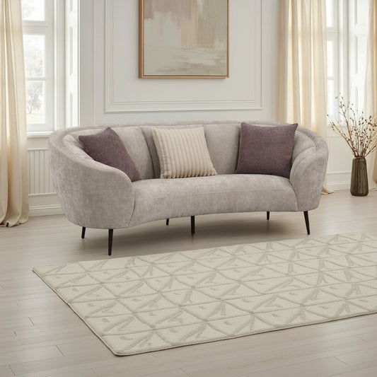 Canapé incurvé Zui, 92 pouces, tissu beige, design rond, 3 coussins décoratifs