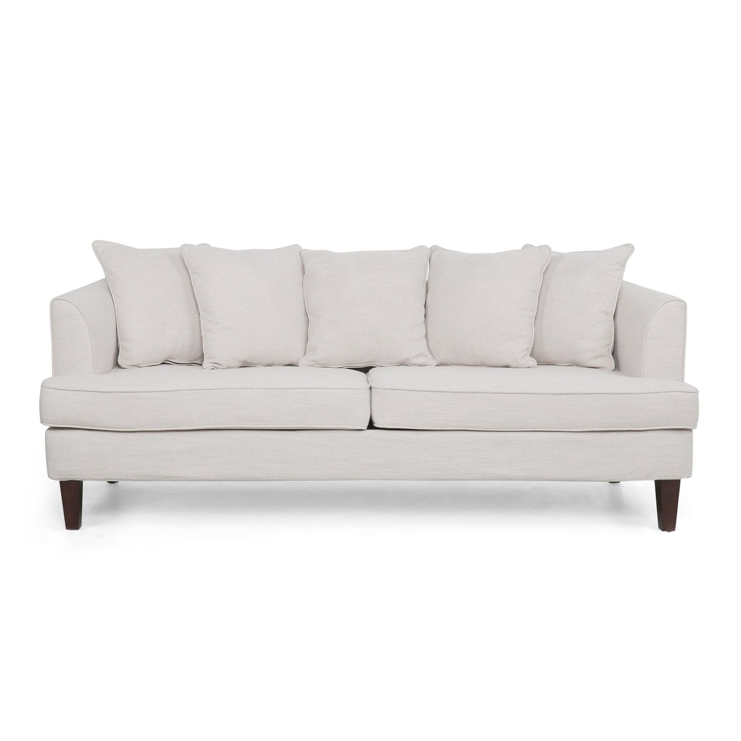 Canapé 3 places Zuko 74 pouces, tissu beige, 5 coussins décoratifs, pieds en bois