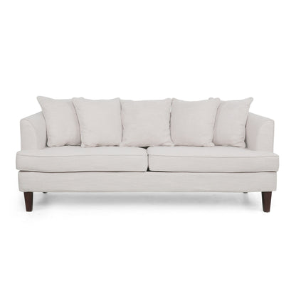 Canapé 3 places Zuko 74 pouces, tissu beige, 5 coussins décoratifs, pieds en bois