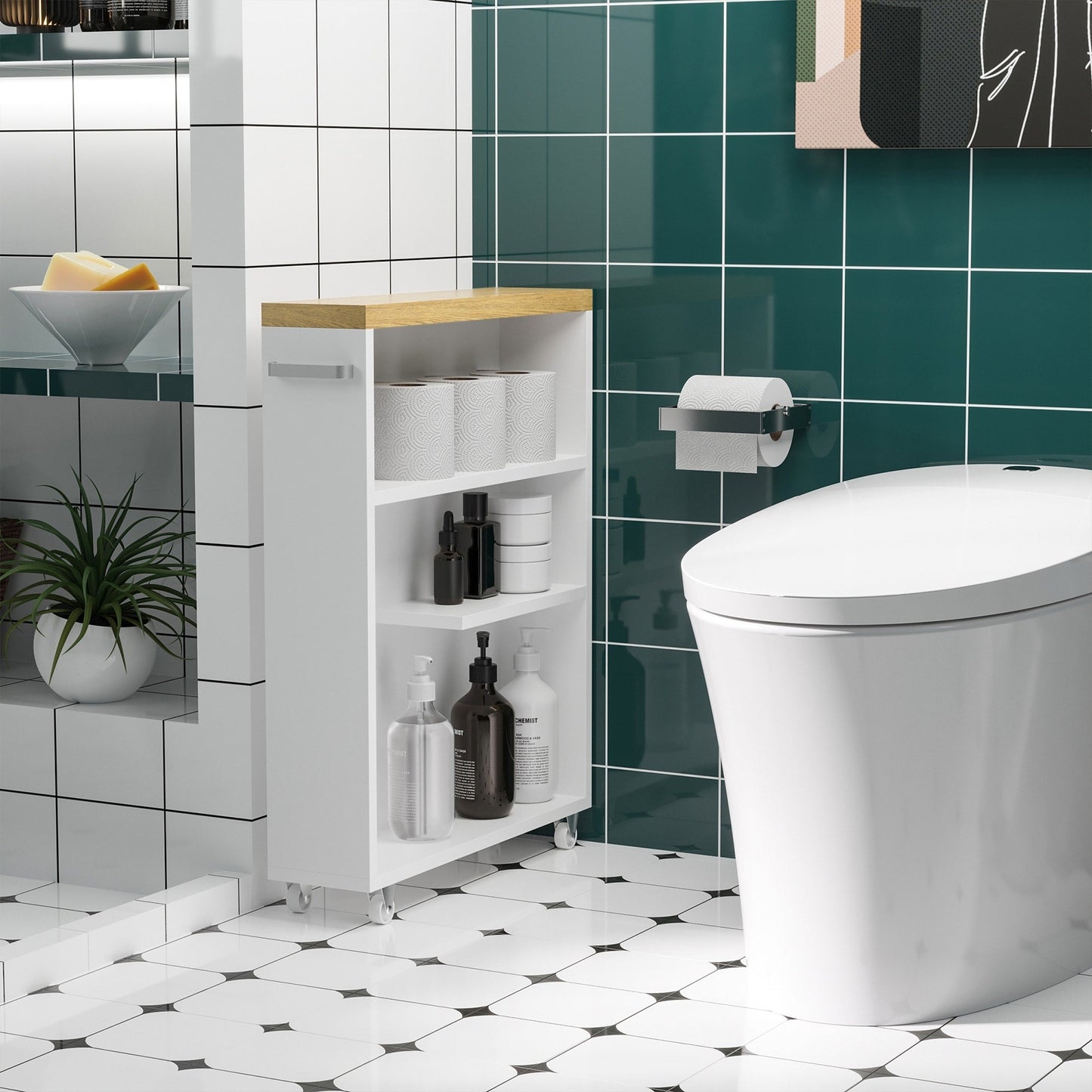 Meuble de salle de bain fin Kleankin avec roulettes, rangement et étagères en bois pour petits espaces, blanc